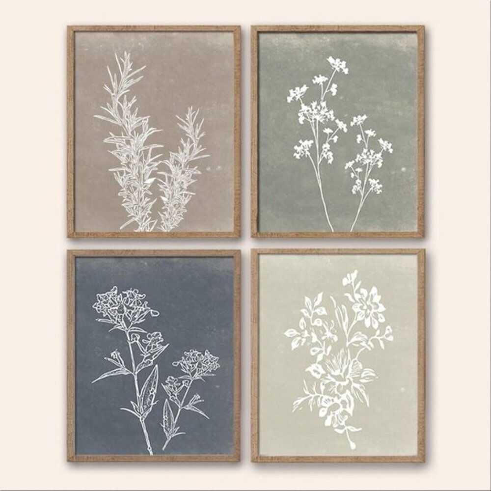New Set of 4 Framed Boho Wall Art, Rustic Botanical Prints for Home Decor